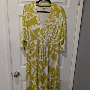Boden Bold Floral Midi Dress — US Size 10 — Chartreuse Yellow & White — Smocked